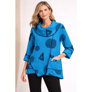 Ali Miles Sm Geometric Embroidered Teal Top Artsy Lagenlook Blouse statement top